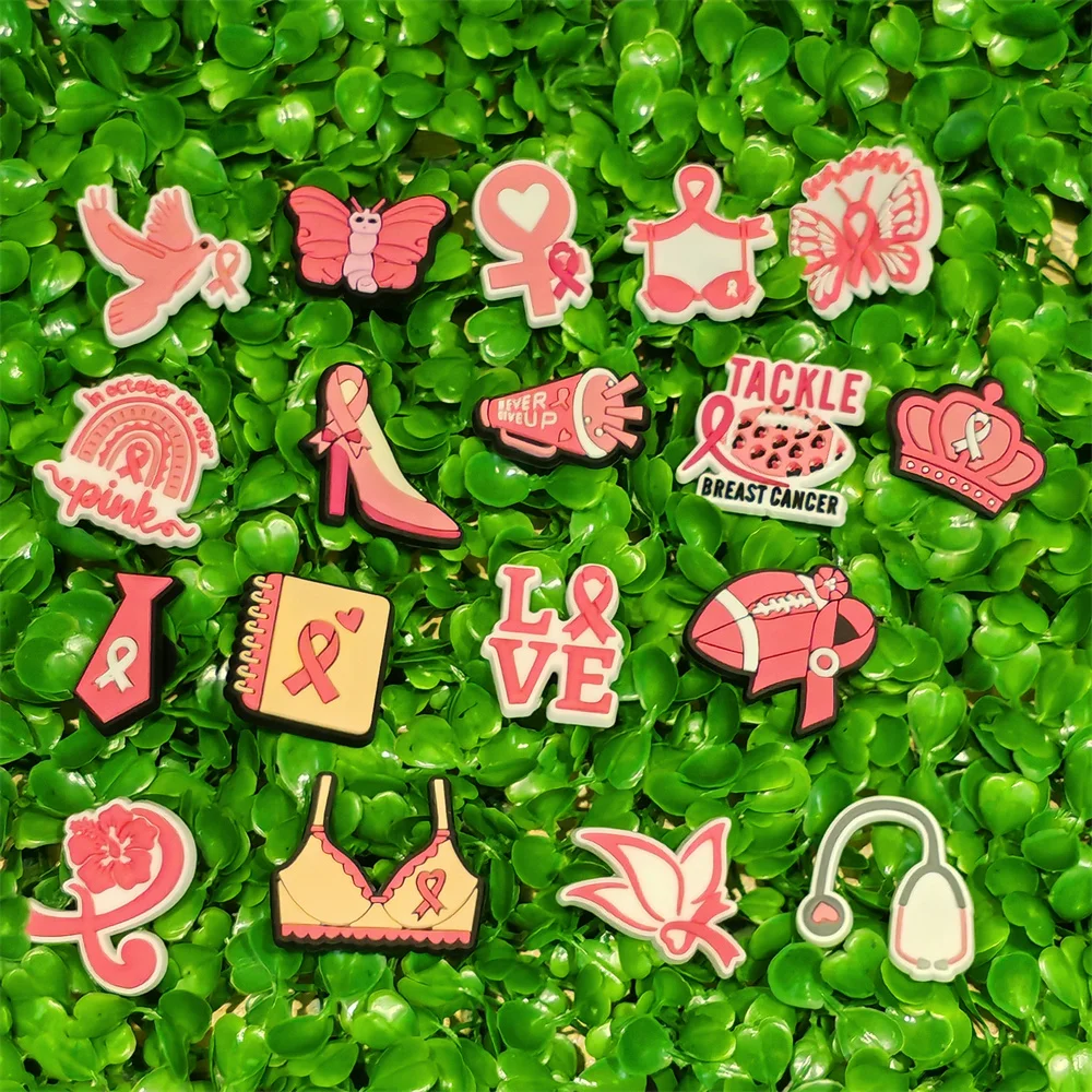 1-18Pcs Pink Ribbon Breast Cancer PVC Garden Sandals Charms Love Butterfly High Heel Woman Shoes Decorations