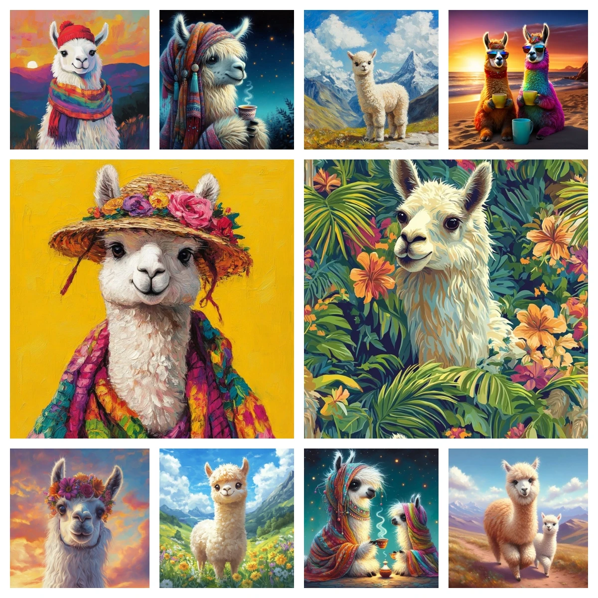 Diamond Mosaic Funny Alpaca Llama Summer Vacation Landscape DIY Suitable for Beginners Diamond Painting Humorous Nursery Gift