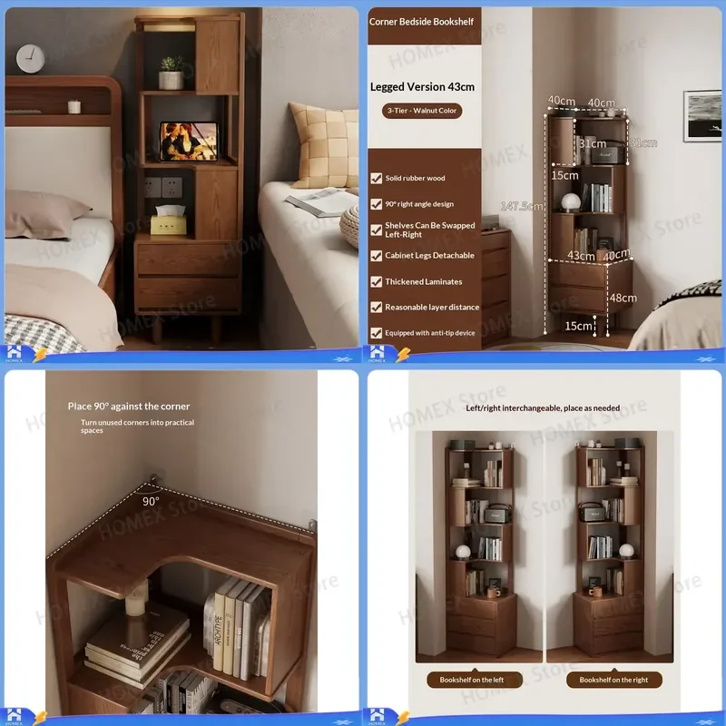 Solid Wood Bedside Table with 2 Drawers Integrated Storage Rack Simple Corner Nightstand Multi Layer Bedroom Furniture Home