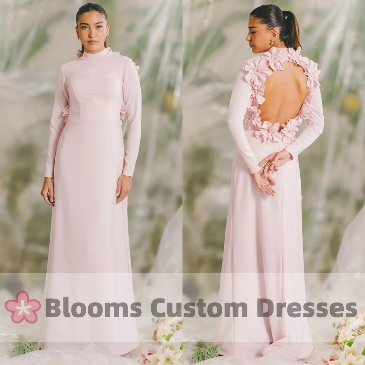 

Blooms Pink Crepe Backless Handmade Flowers Prom Dresses Backless Formal Occasion Gown Long Sleeve Wedding Guest Evening Dresses