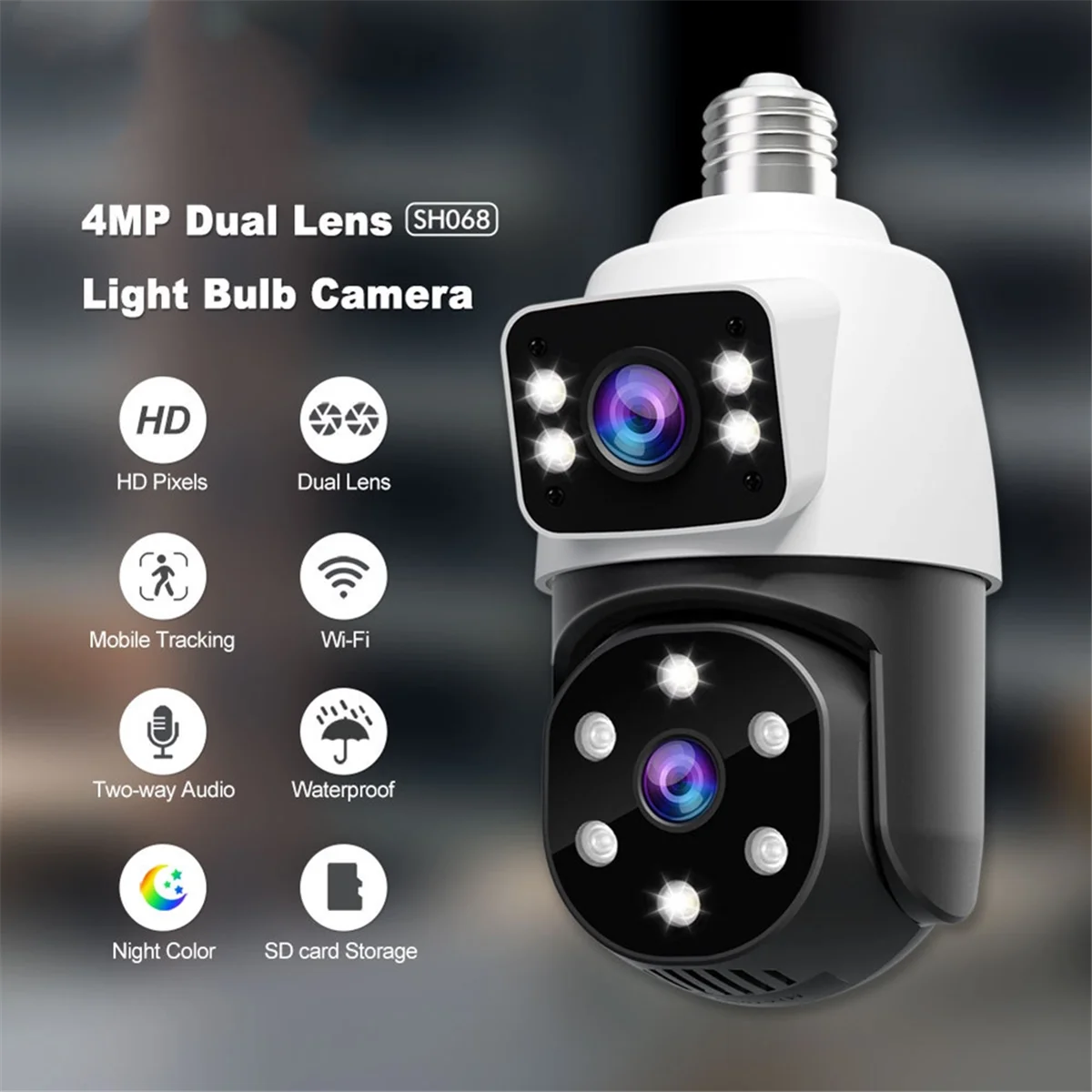 Retail! 4MP Bulb Wifi PTZ Surveillance Camera Wireless 2MP Dual Lens, Night Vision, Human Tracking, Security Baby Monitor