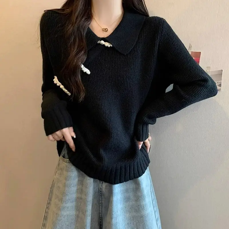 Autumn Winter Red Sweater Women 2024 New Year Christmas Unique Top New Chinese Style Warm Festive Turn-down Collar Trend Fashion