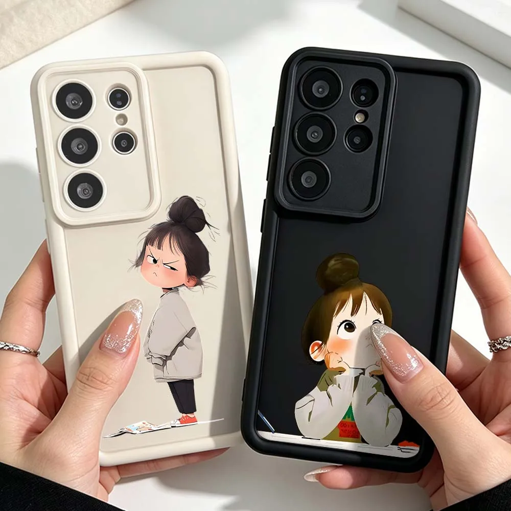 Cartoon Minimalist Angry Girl For Samsung Galaxy S26 S25 S24 S23 S22 S21 S20 Ultra Plus FE Eye Ladder Silicone Phone Case Cover
