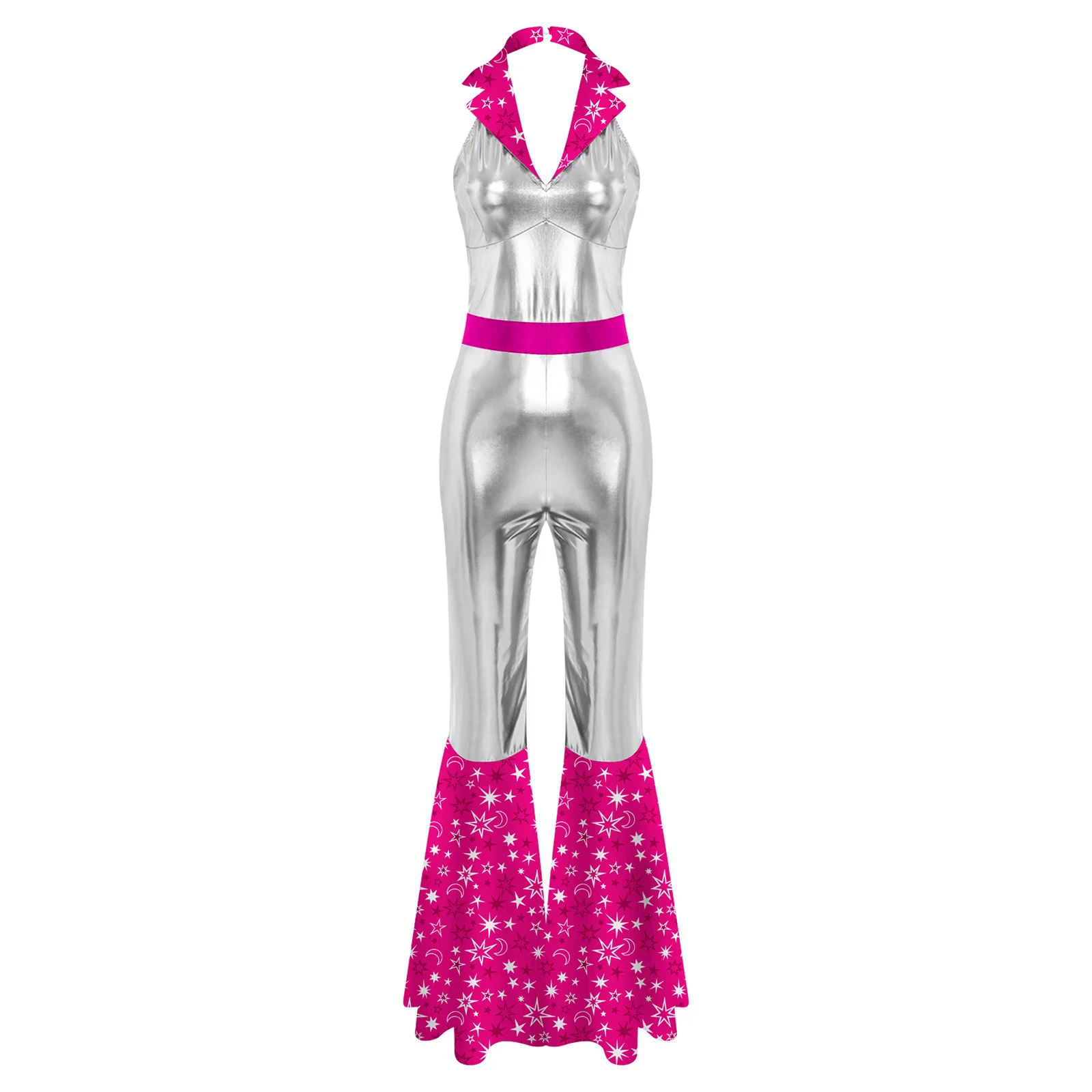 

Retro Patchwork Romper Jumpsuit Womens Flared Sleeveless Disco Costume Shinny 70 80s Outfit for Nightclub Themed Party Dancing