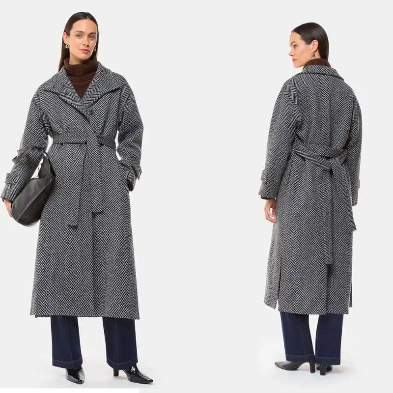 

Autumn and Winter Warm Grid Wool Blend Women's Long Coat With Belt Outdoors Windproof Commute Coat Customized