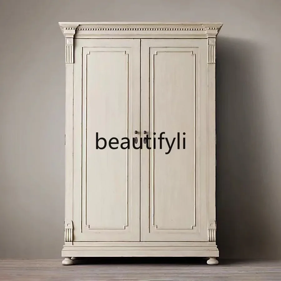 

Rustic Solid Wood Vintage Double Door Wardrobe French Oak Storage Cabinet Modern Two Door Closet