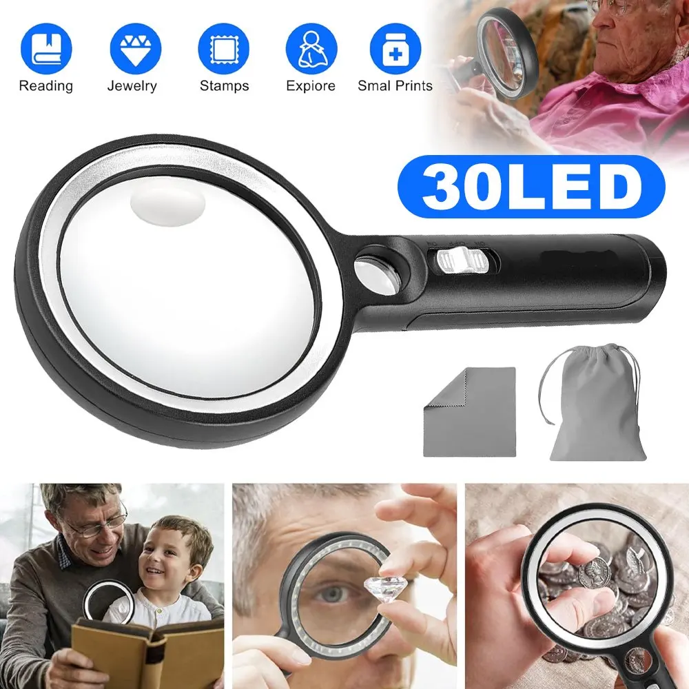 1 ensemble de loupe de lecture portative à 30 LED avec lampe 10x 20x 45x, utilisée pour la lecture, l'inspection et l'exploration de bijoux.