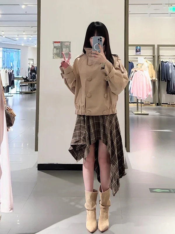 

ort Straight Cut Autumn Winter Stand Collar Double Breasted Khaki Women's Jaet Simple Daily Korean Sle Commute Coat