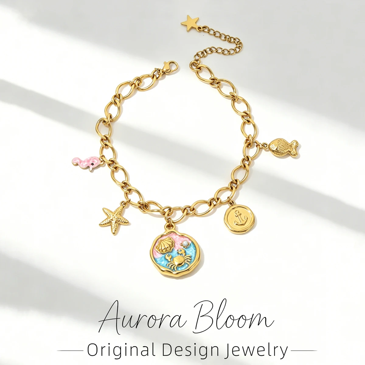 

AURORA Ocean Style Enamel Crab Shell Pendant Bracelet For Women's Hand Bracelets Summer Vacation Stainless Steel Wrist Jewelry