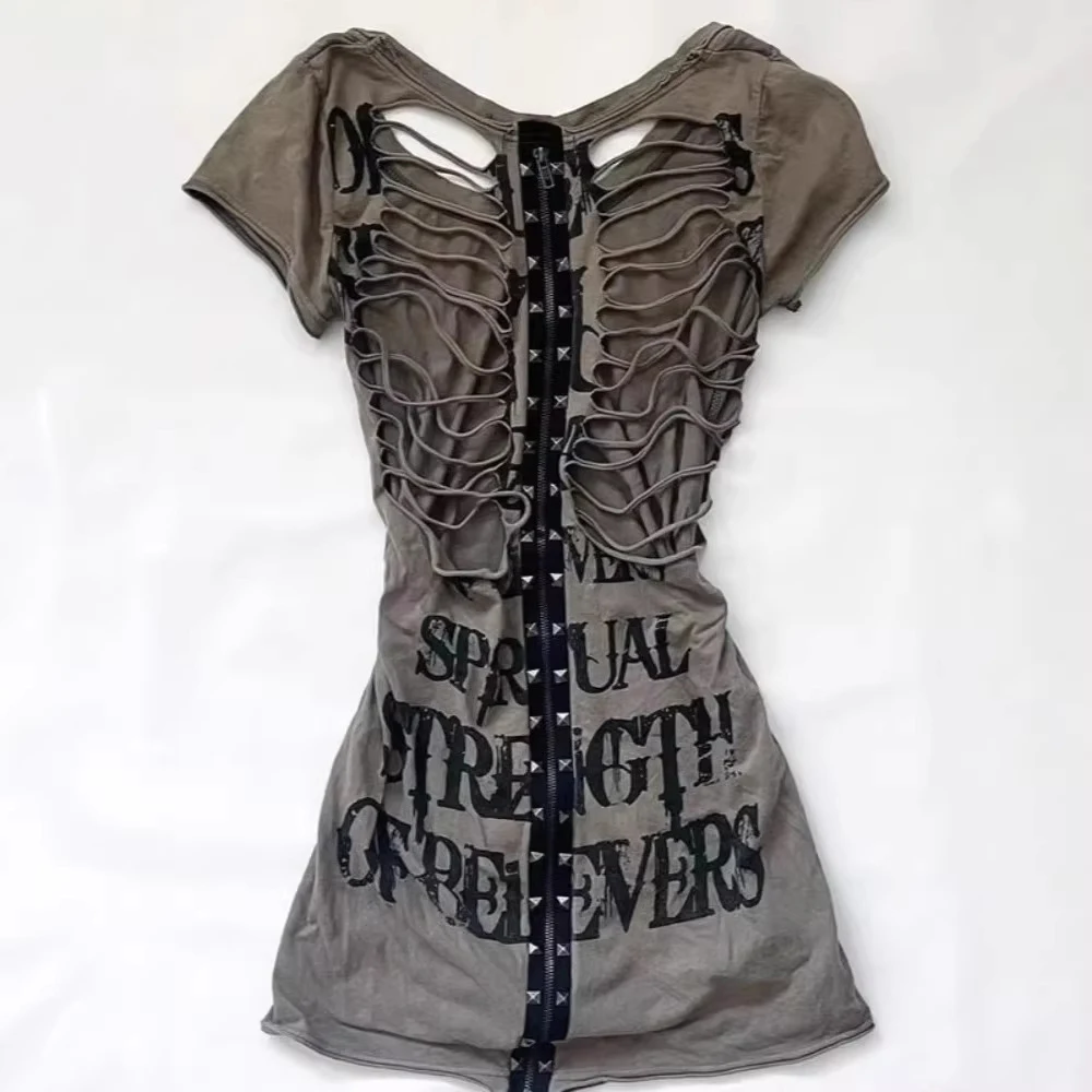 

Summerjapanese Retro Hollow Design Women's Y2Kt-Shirt Punk Slim Fit Short Sleeved T-Shirt Gothic Harajuku Zipper Top New Style