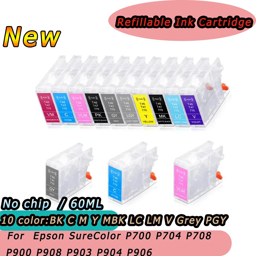 10 Color/set Empty Refillable Ink Cartridges For Epson SureColor P700 P704 P708 P900 P908 P903 P904 P906 Printer NO chip 60ML