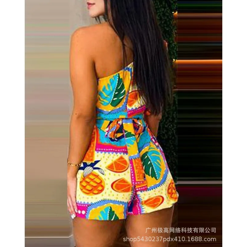 2024 Summer New Women\'s Clothing One-Shoulder Diagonal Collar Tube Top Printed One-Piece Shorts