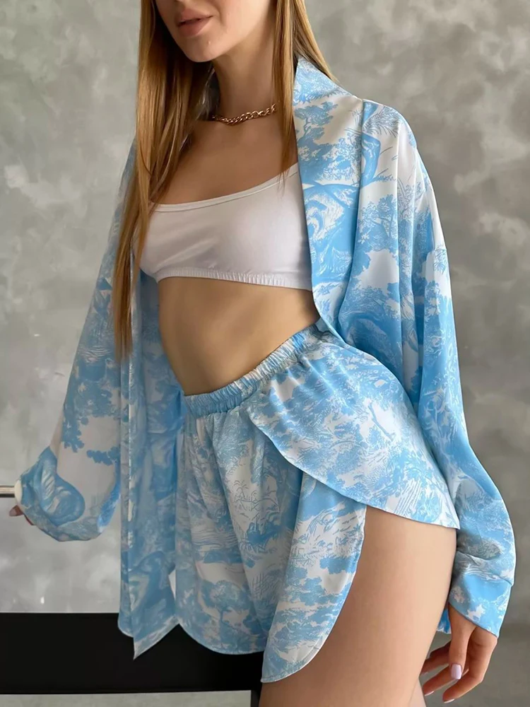 Hiloc 2026 Women's Luxury Satin Pajamas Set 2 Piece Blue Landscape Print Kimono Robe Loose Shorts Wearable Outside Loungewear