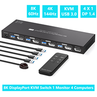 2024 NEW 8K Displayport KVM Switch 1 Monitors 4 Computers 4K 144Hz 4x1 DP USB 3.0 KVM Switch for 4 PC Share Keyboard Mouse KCEVE