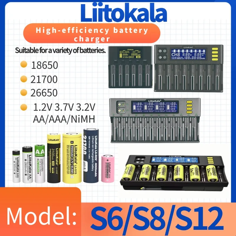 LiitoKala Lii-S12 Lii-S8 Lii-S6 Lii-S2 Lii-S4 Lii-S1 Double Slot 18650 Battery Charger 1.2V 3.7V 3.2V AA/AAA 26650 21700 NiMH L