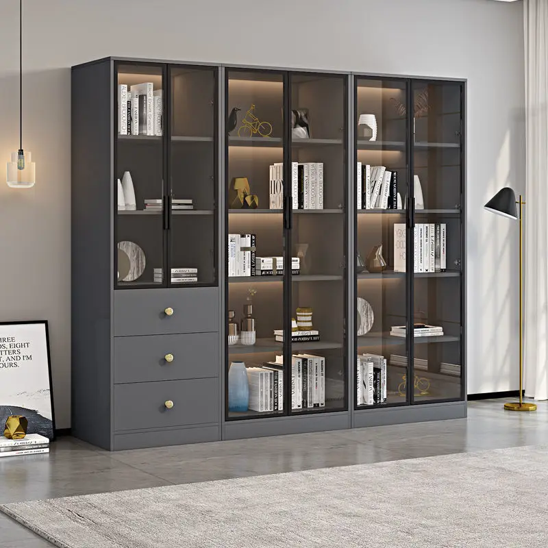Light luxury glass door bookcase, household integrated wall-to-wall combination solid wood living room cabinet floor-to-ceiling