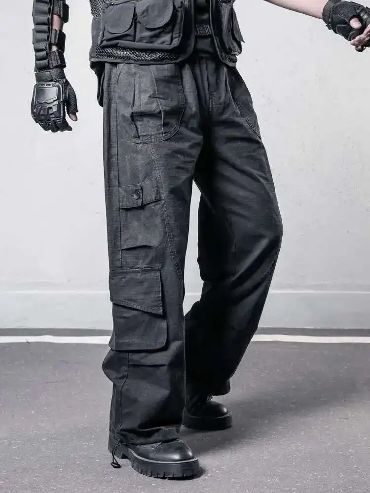 HKSH Primavera Nuova Nicchia Originale Americano Retro Vibe Techwear Multi Tasca Dritto Pantaloni Cargo Da Uomo Allentato Stile Safari Scuro HK4093