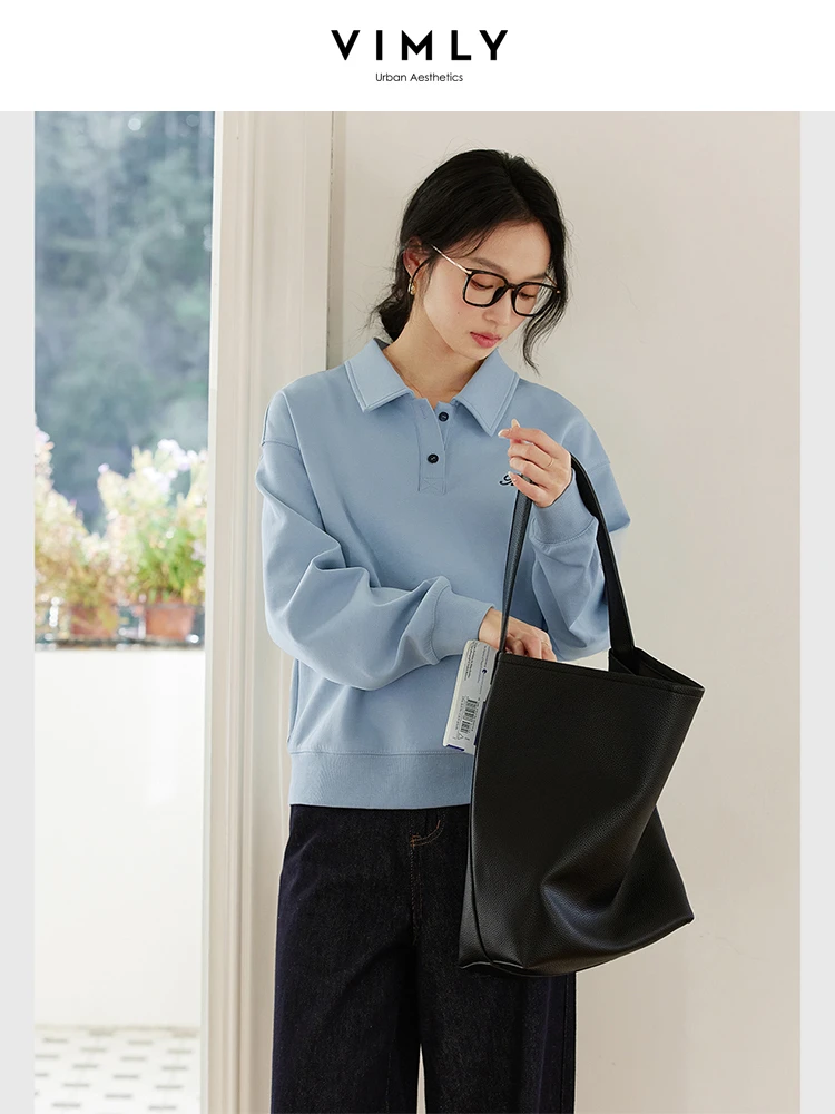

VIMLY Women's Sweatshirt 2025 Spring Blue Embroidery Polo Neck Loose Simple Long Sleeve Top Stree Wear Female Clothing A0509