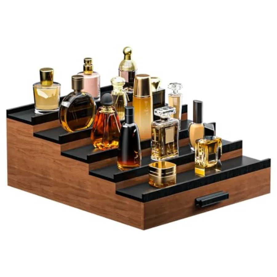 Organizador de Perfumes de Bambú Elegante de 5 Niveles para Hombre con Almacenamiento Oculto y Cajón Práctico, Perfecto para Colonia