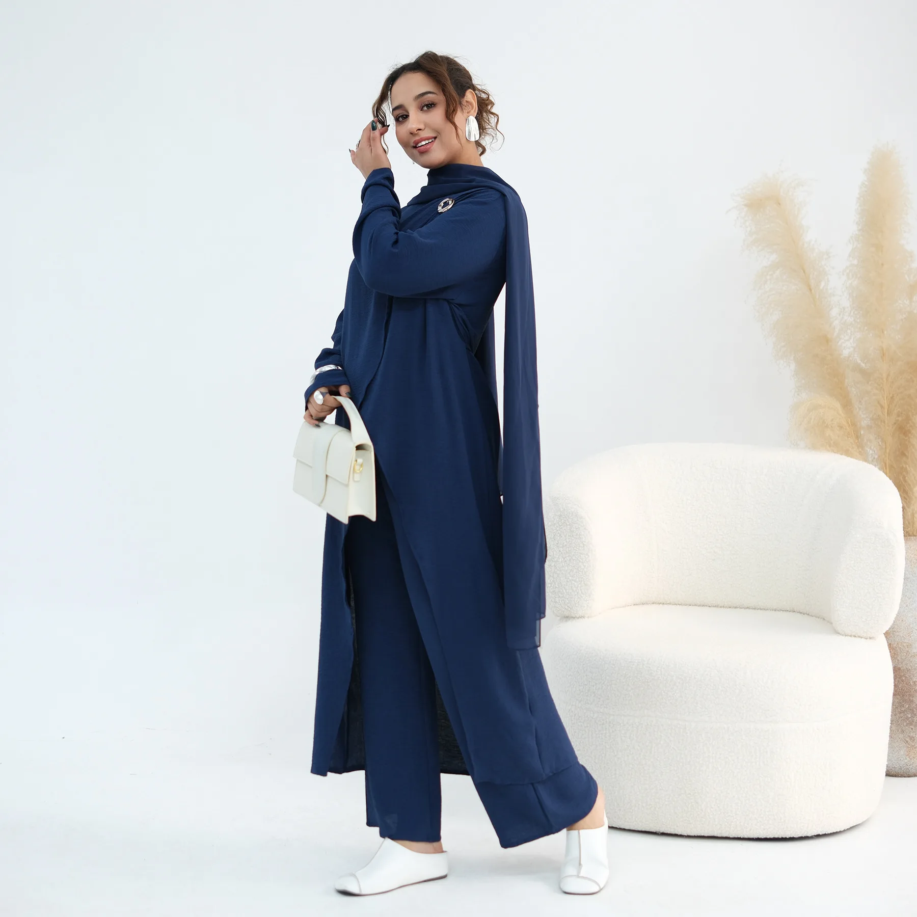 

Dubai Eid Djellaba 2 Piece Muslim Set for Women Split Long Shirt Dress Wide Leg Pants Ramadan Arab Robe Kaftan Musulmane Outfits