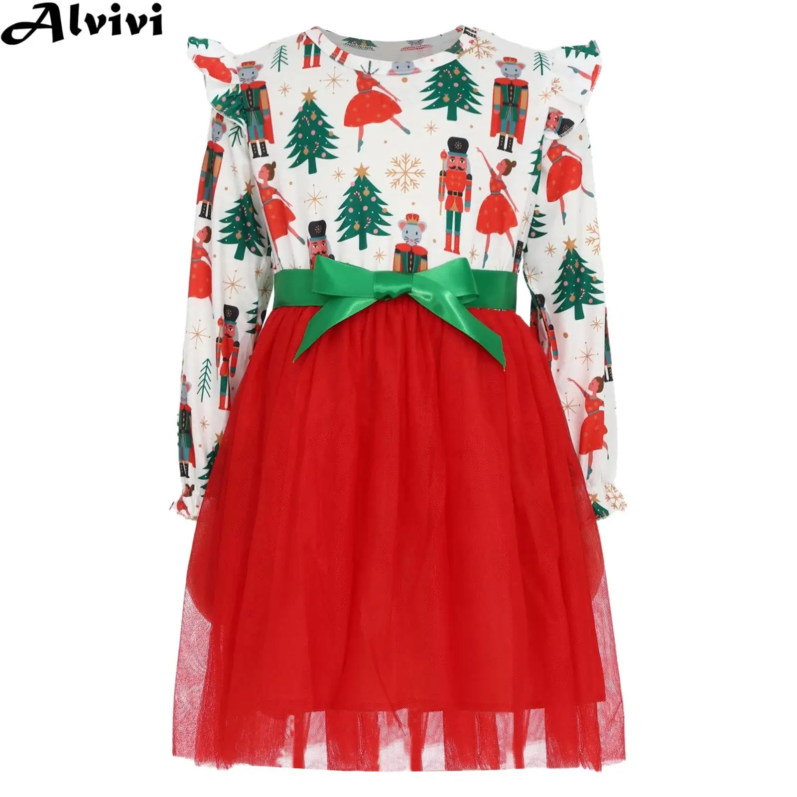 Kids Girls Christmas Party Princess Dress Long Sleeve Xmas Element Print Multi-Layered Tulle Tutu Ball Gown with Ribbon Belt