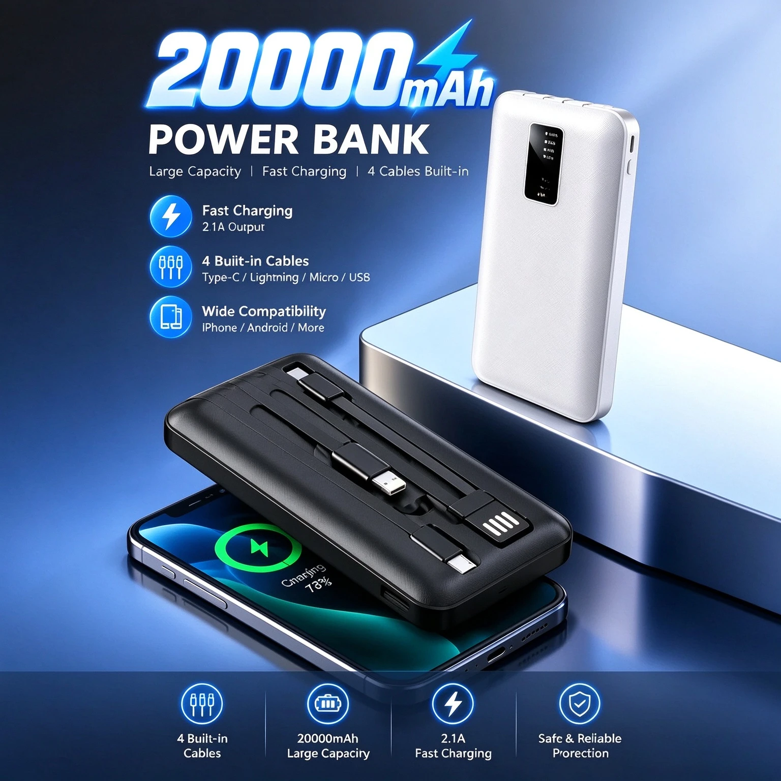 for Self-contained Cable Mobile Power Supply Compact Portable 10000mAh Large Capacity Power Bank