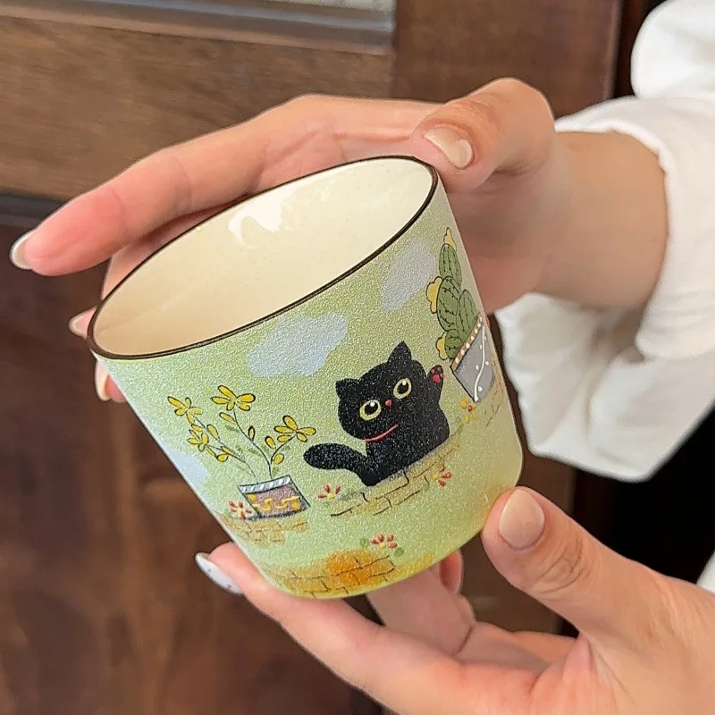 Hand painted coarse pottery underglaze color craft ceramic cup cute childlike breakfast cup latte coffee cup afternoon tea