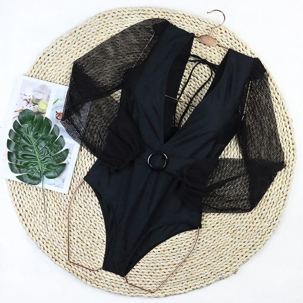 2024 Mesh Splicing Long Sleeve One-piece Swimsuit Women Deep V Bikini Sexy Big Backless Swimwear Summer Beach Monokini Bodysuit