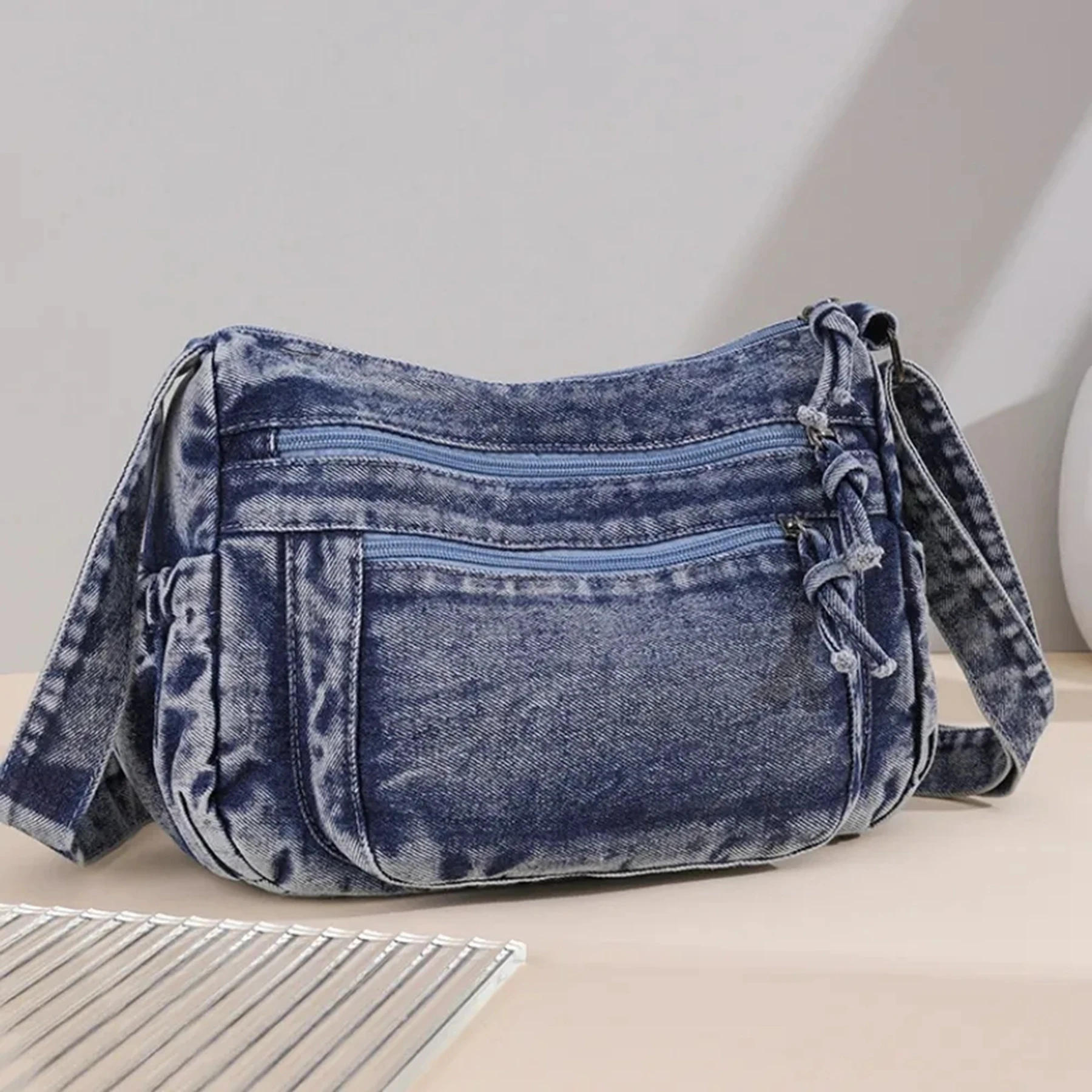 Unisex Denim Crossboday Bags Women Multi Pockets Jean Shoulder Bag Blue Black Tote Handbag Purse Men Travel Bag