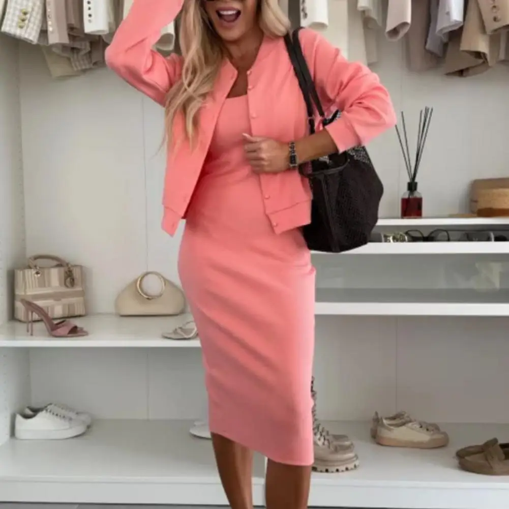 Set cardigan a vita alta con gonna all'americana, abito maxi elegante con set cardigan a vita alta per donna, tinta unita, estivo per A