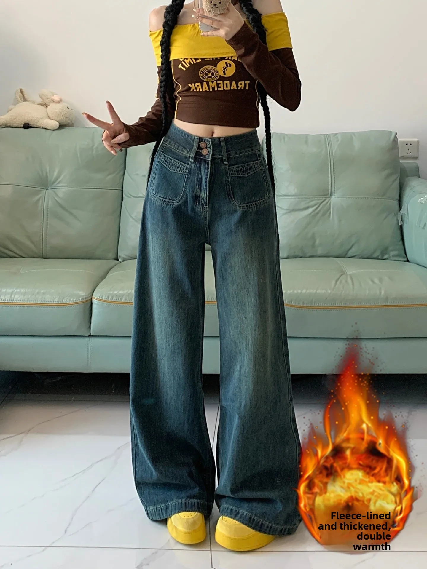 بالإضافة إلى حجم Fce اصطف ثي الدينيم السراويل النسائية الخريف الشتاء فضفاضة عالية الخصر ضئيلة مستقيم واسعة الساق الجينز ل الكمثرى aped...