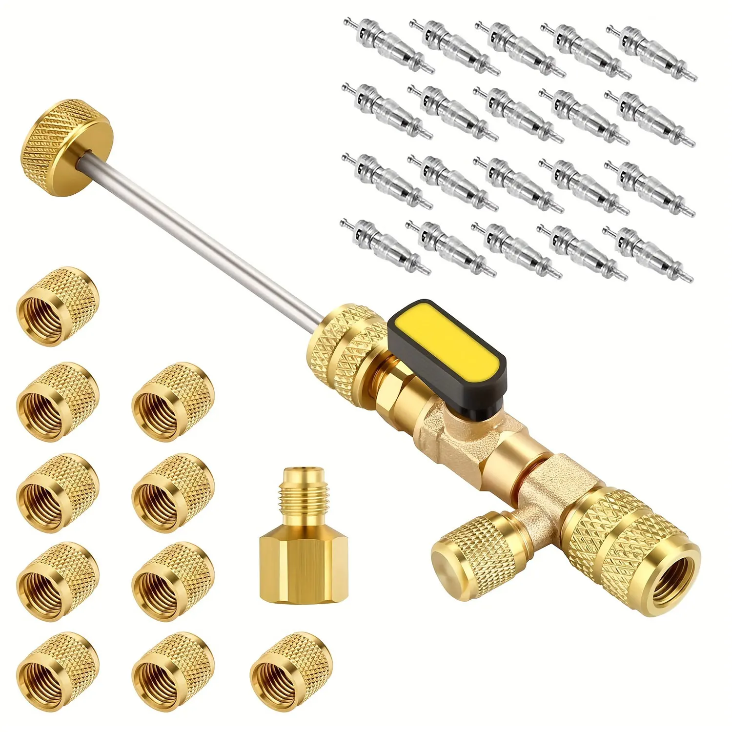 

Двойной размер 1/4 "и 5/16" порта для снятия сердечника клапана, установочный комплект, инструмент с 10 сердечниками клапана 5v1 и двойной головкой для хладагента