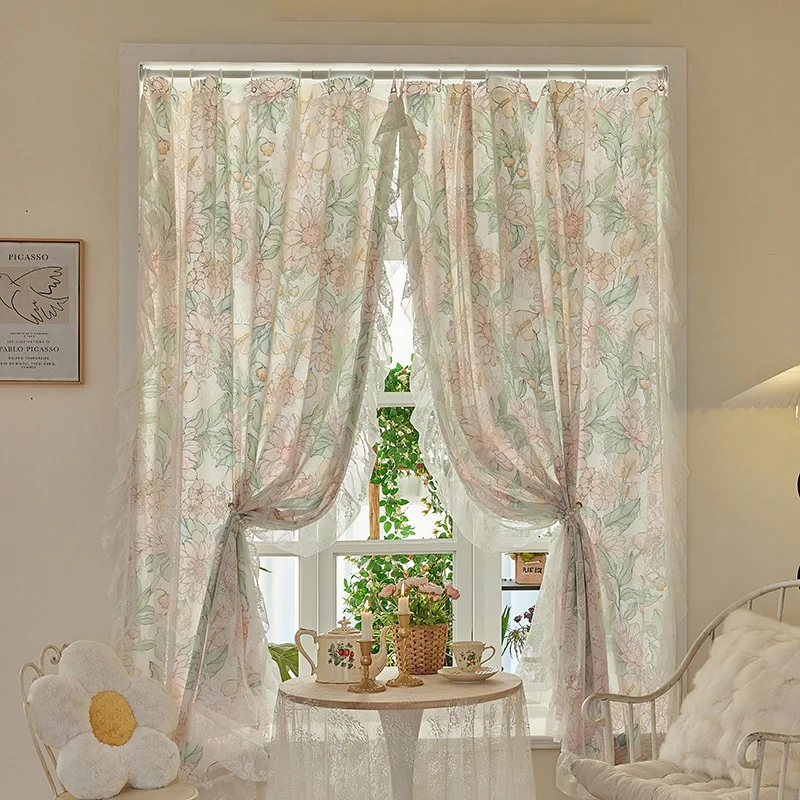 Floral Print Lace Sheer Curtain for Living Room Decoration Window Curtains for Kitchen Modern Tulle Voile Organza Curtains 레이스커튼