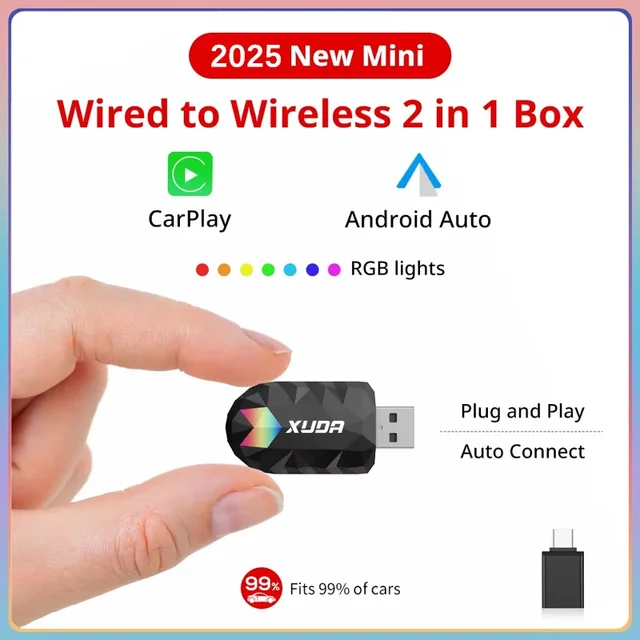 XUDA 2w1 Bezprzewodowy CarPlay AI Mini Box Android Auto Box Plug&Play Automatyczne połączenie Kompatybilny ze 99% samochodów Do radia samochodowego