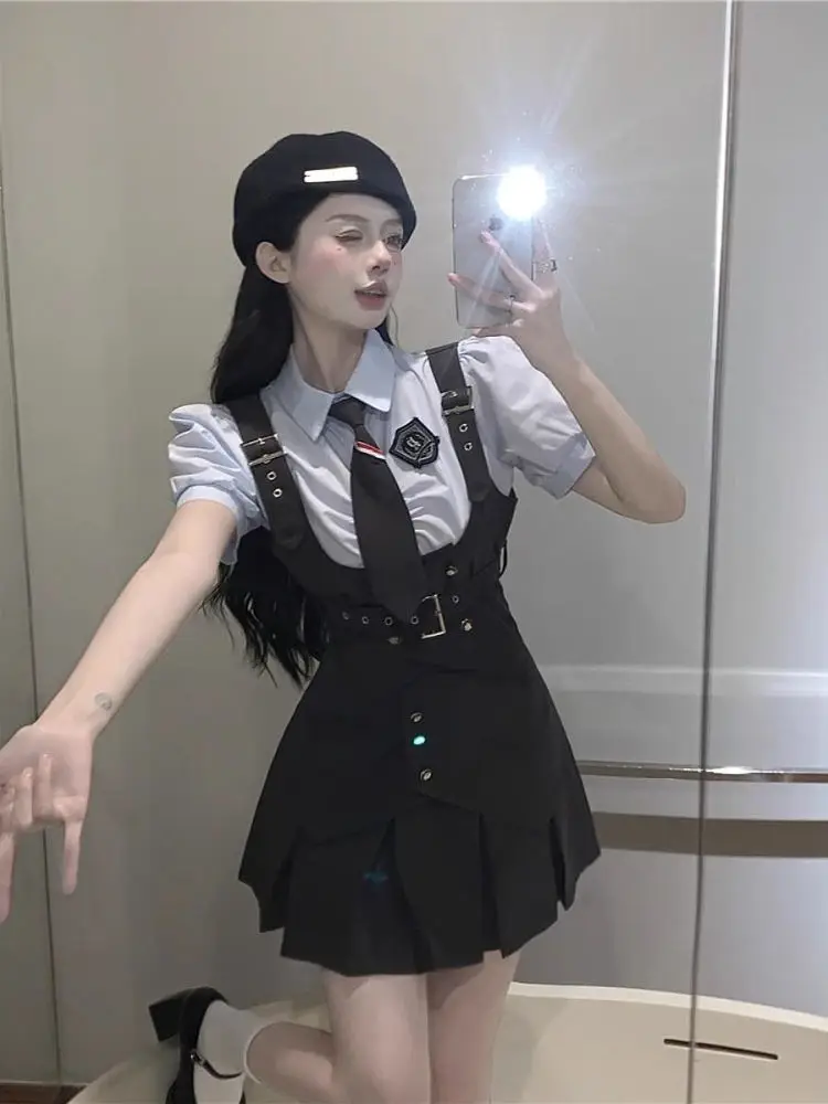 

Комплект из полиции кролика American Sle College для девочек, женский черный синий жилет, клетчатая юбка, комплект из футболки, моющийся