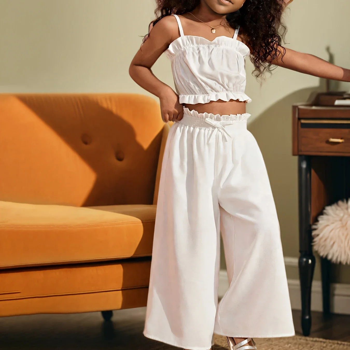 

New 2025 Summer Girls Clothing Sets Baby Girl Solid Off Shoulder Ruffles Sling Crop Tops + Loose Pants Children's Casual Clothes
