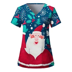 Nurse Uniform Scrubs Women Christmas Print Short Sleeve V-Neck Topsmedical Nursing Xmas Workers Working Uniform Scrubs Workwear