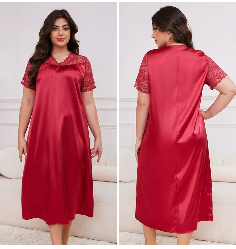 Loose Women's Nightgown Sexy Summer Short Sleeve Silk Lace Night Dress For Woman Nightie Pajamas Dress Night Wear Female 3