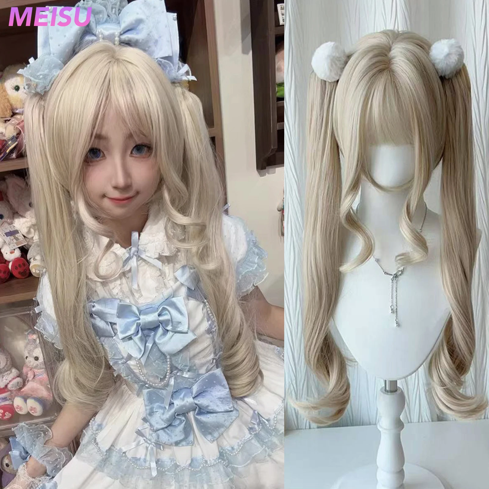 

MEISU 24 Inch Platinum Synthetic Lolita 2 Ponytail Wigs Bangs Wig Heat-Resistant Natural And Smoot Daily Wear Cos For Women