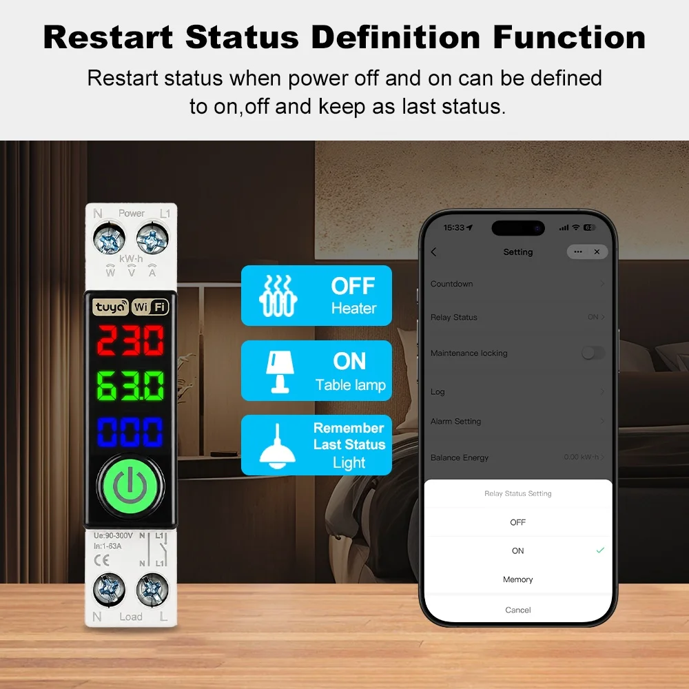Manhot WiFi Circuit Breaker LED Display Energy Metering kWh Voltage Current Meter Protector Voice Remote Control Switch 1P+N 63A view 4