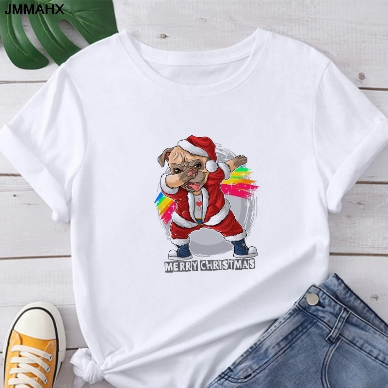 عيد الميلاد المطبوعة المرأة تي شيرت أزياء عارضة قصيرة الأكمام المرأة الأبيض أعلى تي شيرت
