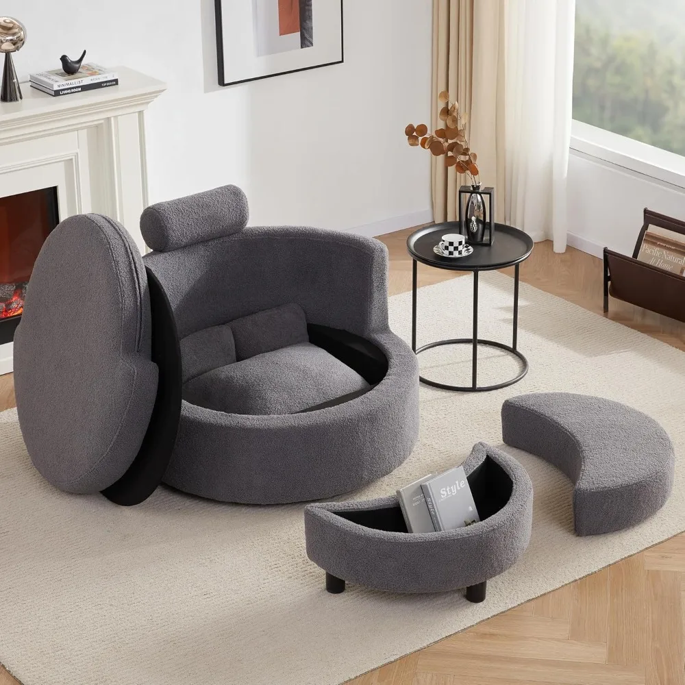 

Swivel Accent Barrel Chair for Living Room, Oversized Swivel Round Chair with Storage, Chaise Lounge with Removable Pillows & Ha
