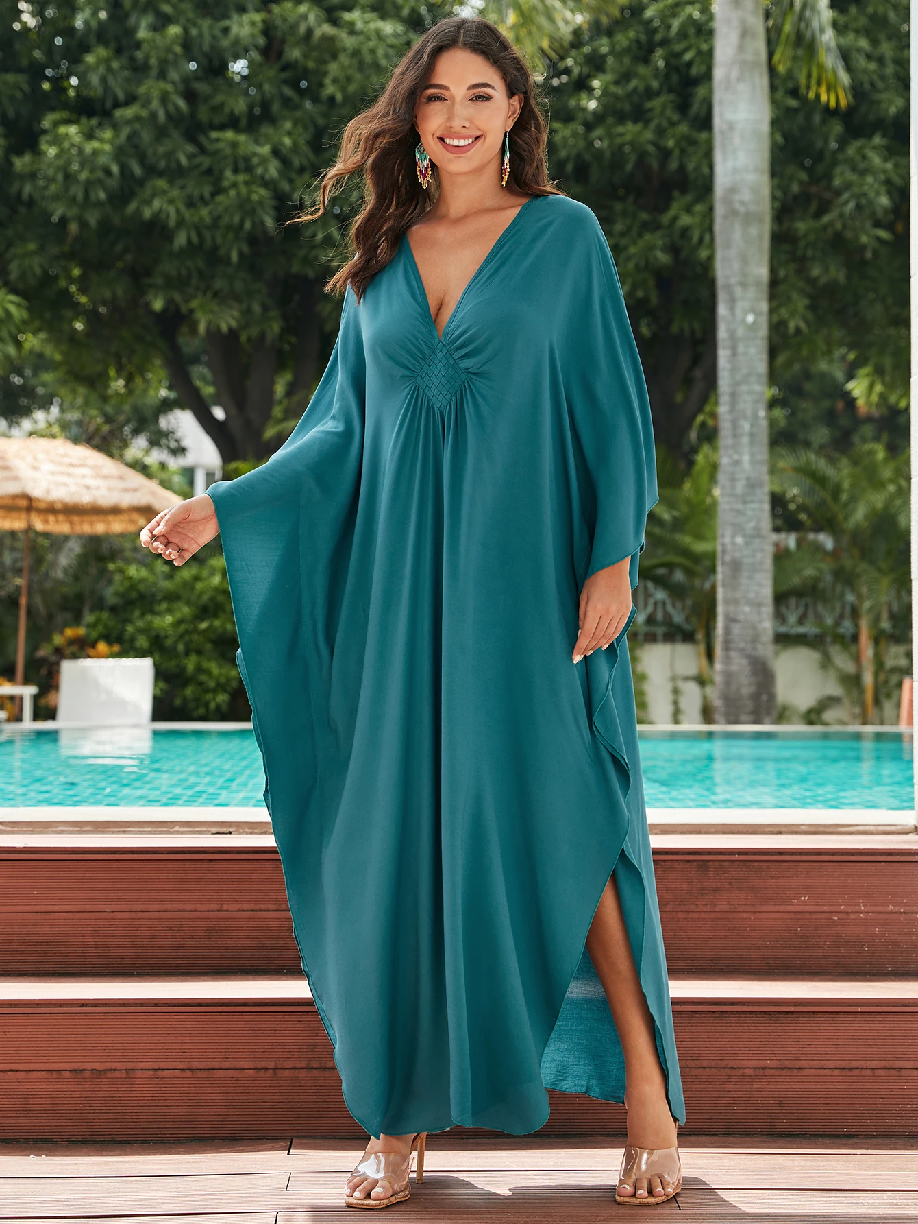 2024 Causal Solid Color Handmade Knit V Neck Plus Size Kaftan Dress Women Summer Loose Robe Beach Wear Swim Suit Cover Up Q1590