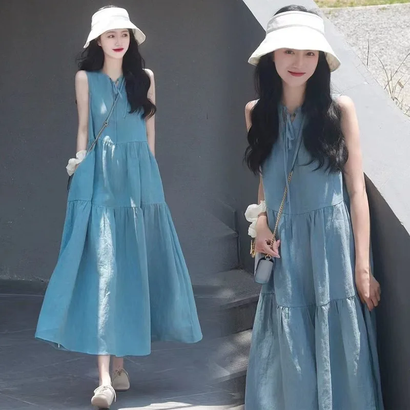 

Summer Maternity Dress with Pocket Sleeveless Long Loose Pregnant Woman Tank Dress Plus Size Pregnancy Sundress Blue