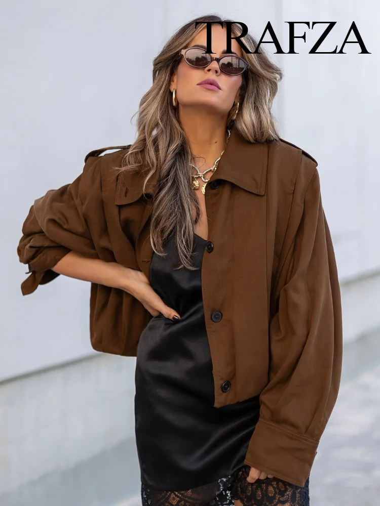 

TRAFZA Women's New Fashion Versatile Single Breasted Pleated Coat Female Casual High Street Long Sleeve Loose Short Jacket Mujer