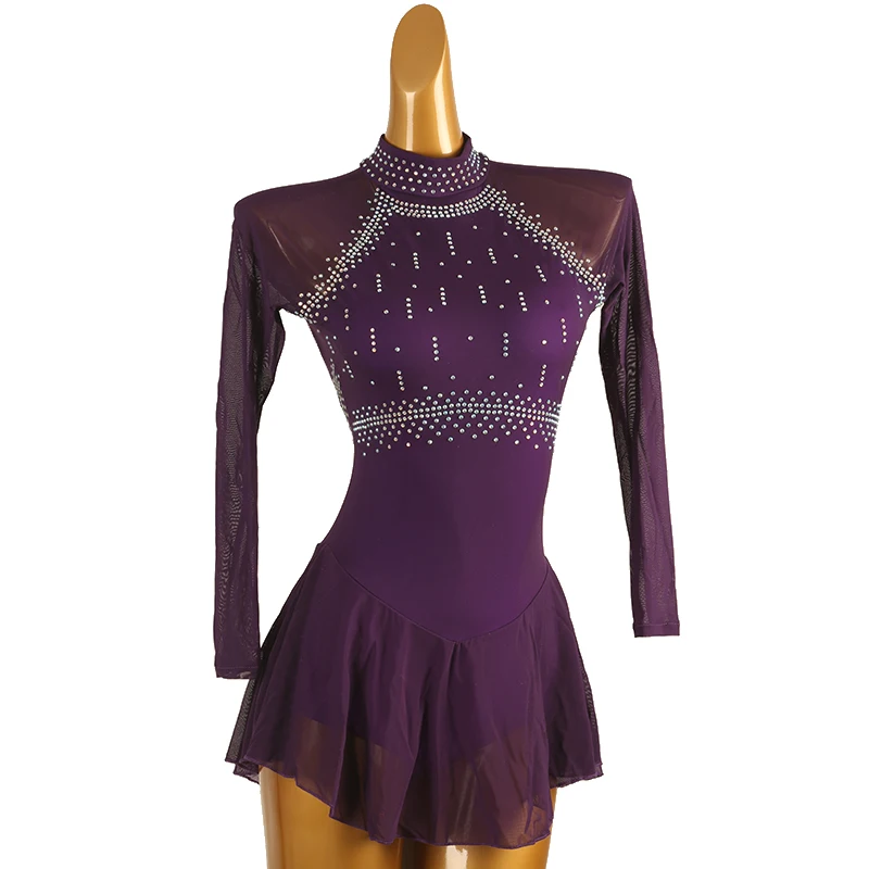 Vestito da pattinaggio artistico viola donna ragazza vestito da pattinaggio su ghiaccio Costume da ginnastica strass di cristallo personalizzato B098