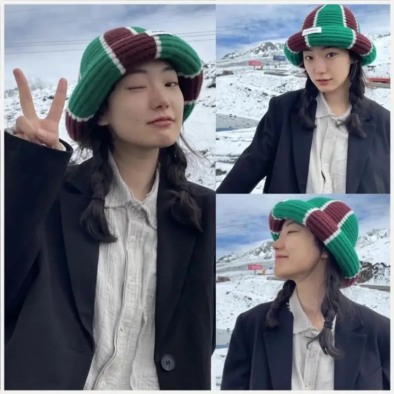 قبعة متماسكة مخططة مستديرة رائعة، قبعة صغيرة، قبعة الهيب هوب، قبعة الجمجمة، مناسبة للجنسين #2