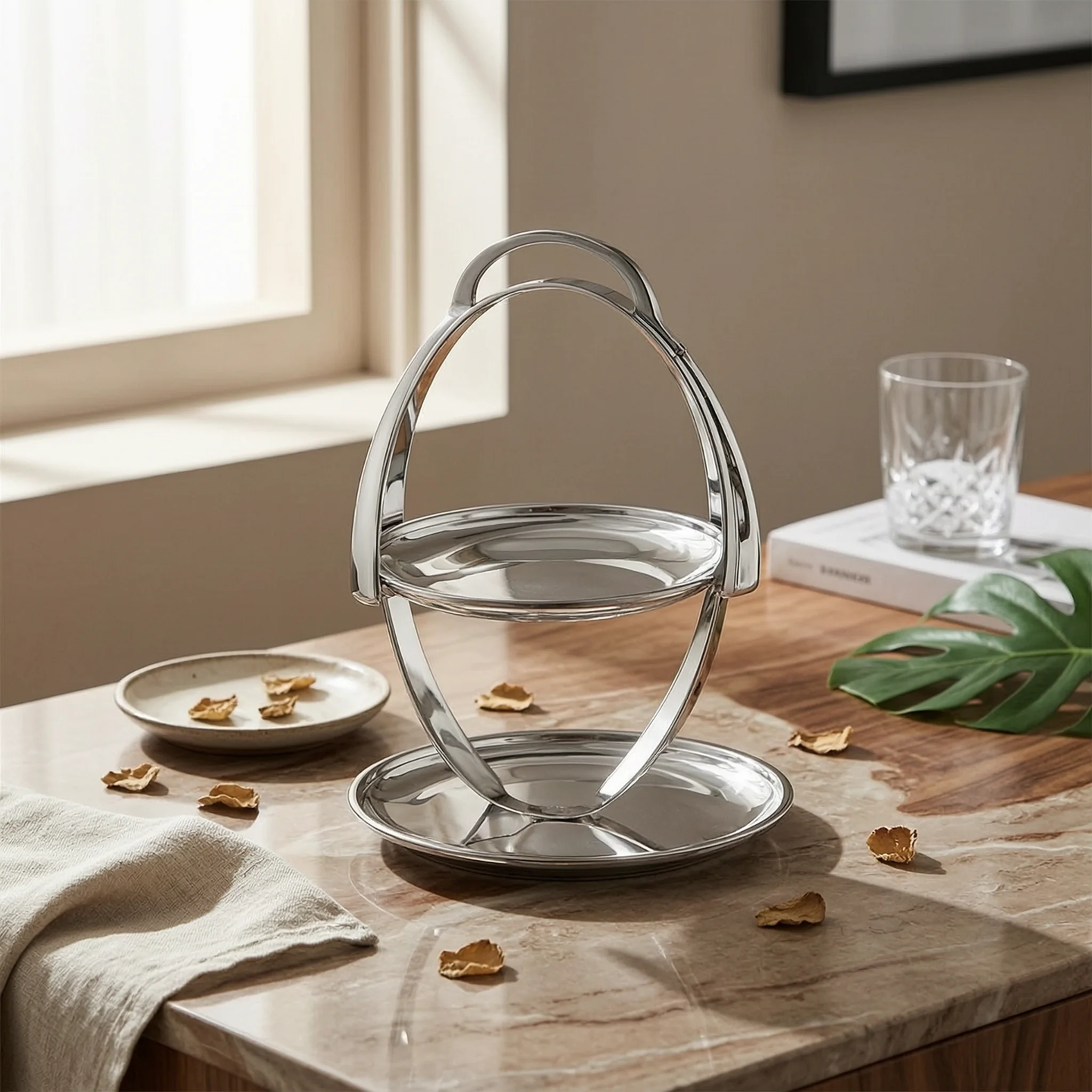 3-Tier Folding Tray Collapsible Tiered Serving Tray Folding Serving Platter Polished Three-Tier Fruit Basket Decorative