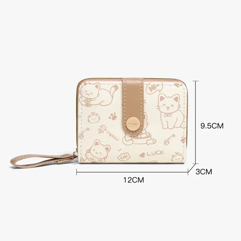 Dompet Koin Kucing Lucu Dompet Pendek Fashion Wanita Dompet Kapasitas Besar Kulit PU Tas Koin Uang Tunai Perjalanan Tempat Kartu ID Ringan