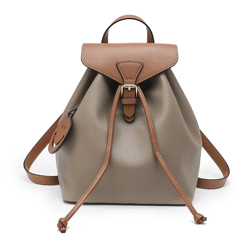 

Smile Face String Lady's Backpack Color Matching Multifuction Soft Women Handbag Water Proof Licthi Grain PU Leather Causal Bags